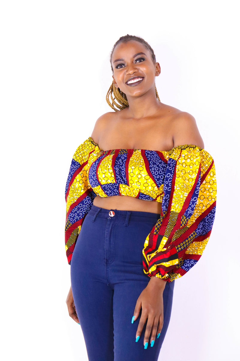 Shiro Women's African Print Off Shoulder Crop Top (yellow/red)