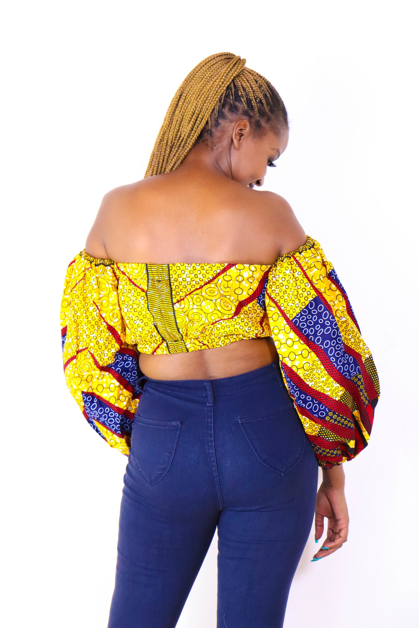 Shiro Women's African Print Off Shoulder Crop Top (yellow/red)