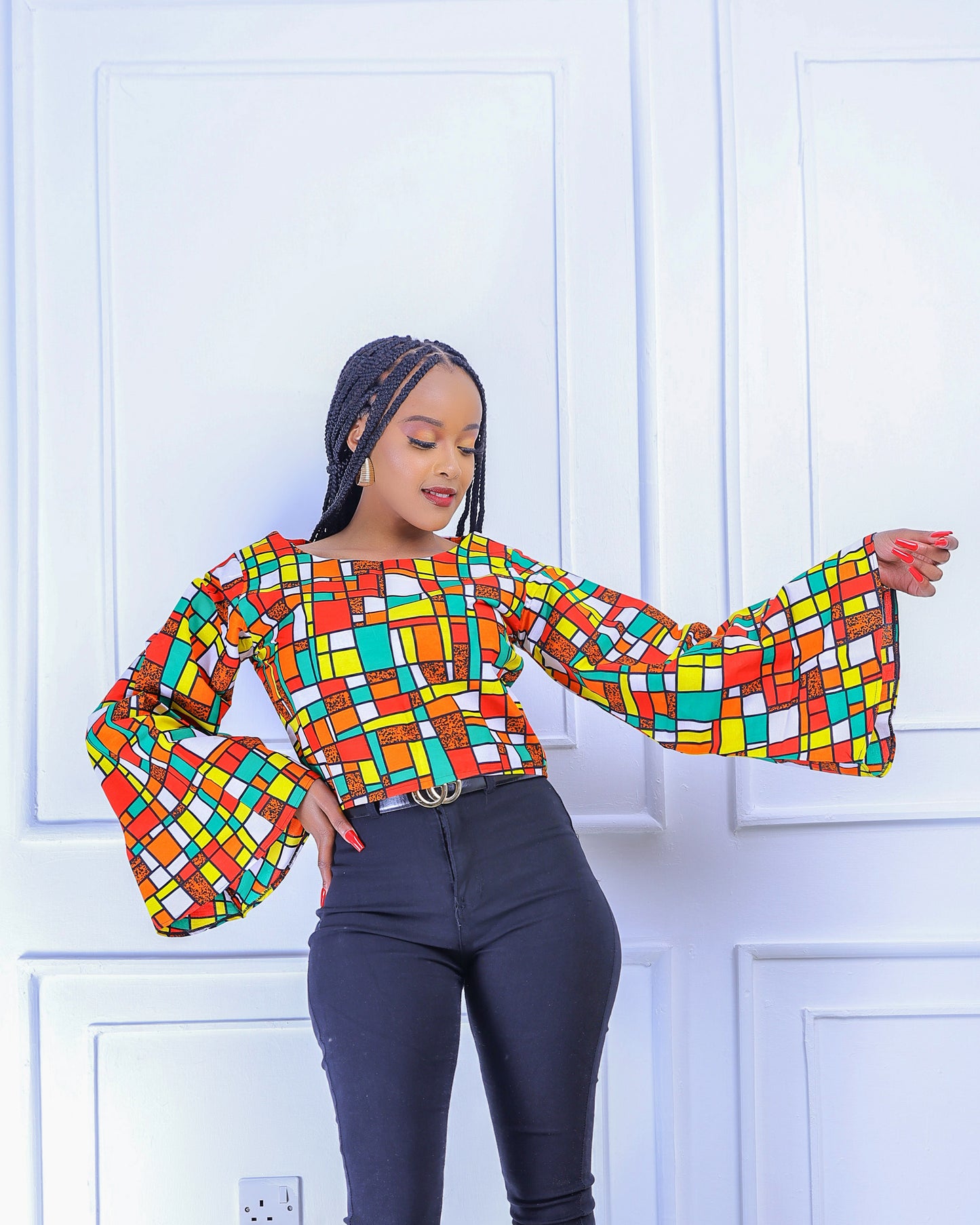 Charo Women's African Print Long-Sleeved Top (Orange & Yellow Print)