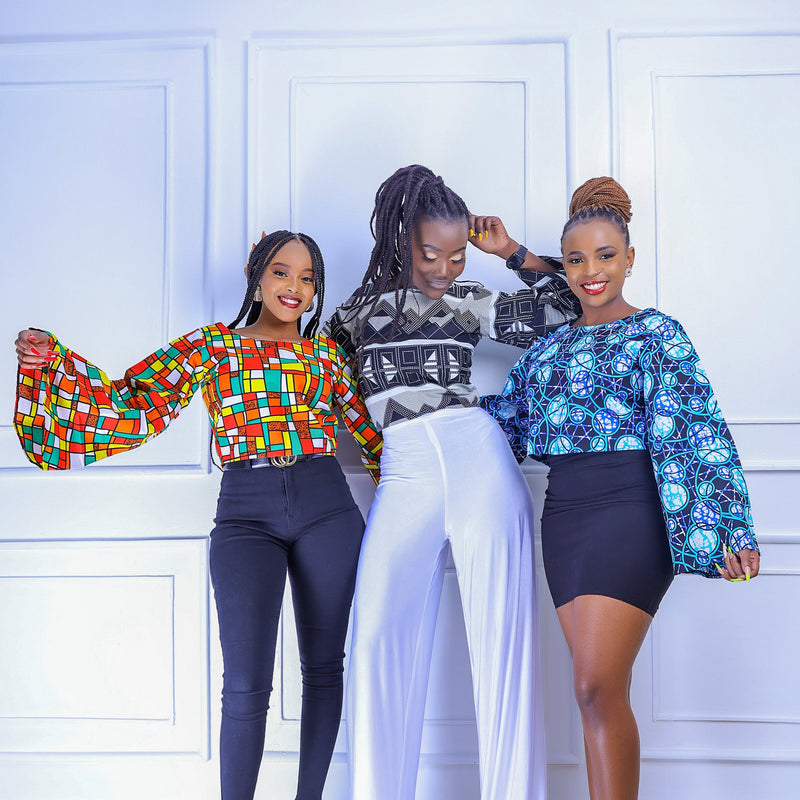Charo Women's African Print  Long-Sleeved Top(Blue Print)