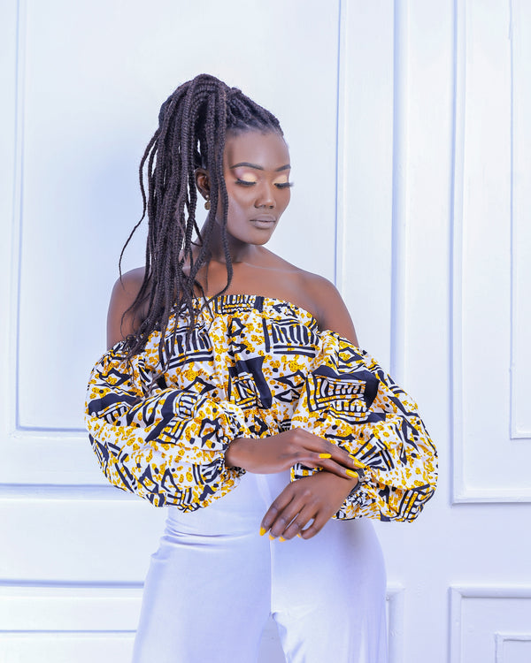Tatu Women's African Print Off-shoulder Crop Top (Gold/Black)