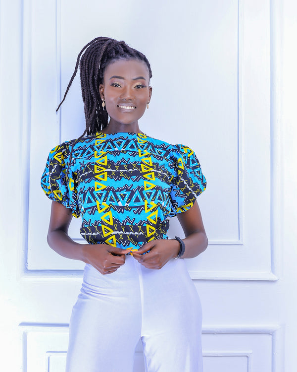 Zaire Women's African Print Top (Blue/Yellow)