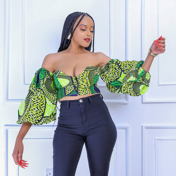 Samfaya Women's African Print Off Shoulder Crop Top (Green)