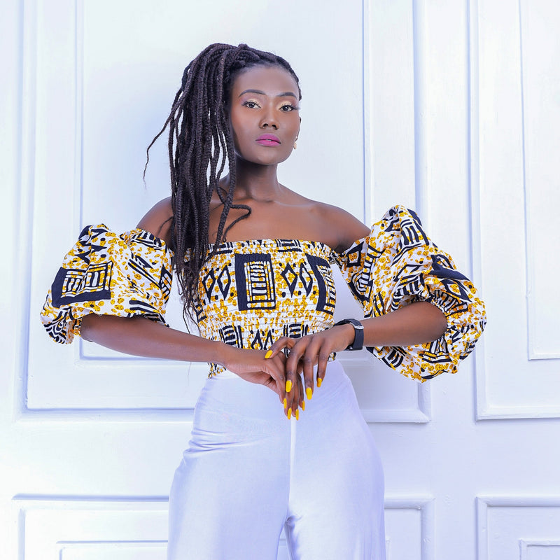 Dedza Women's African Print Off-Shoulder Top (Beige/white)