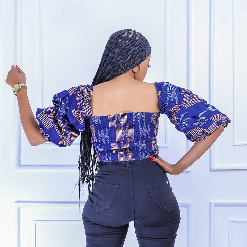 Dedza Women's African Print Off Shoulder Top (Blue)