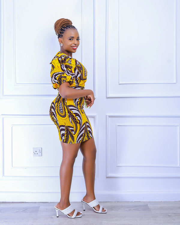 Simi Women's African Print Stretch Dress (Yellow Print)