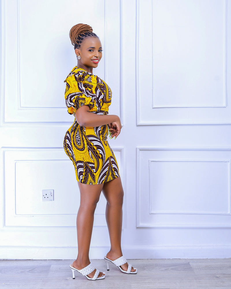 Simi Women's African Print Stretch Dress (Yellow)