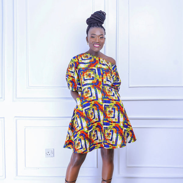 Onisha African Print Off Shoulder Midi Dress
