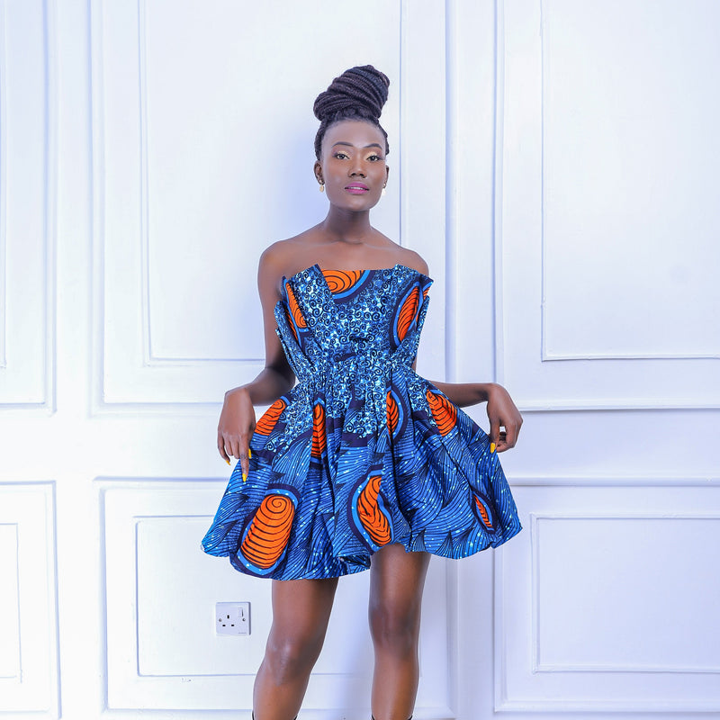 Jozani Women's African Print Mini Dress (Blue-Orange Print)