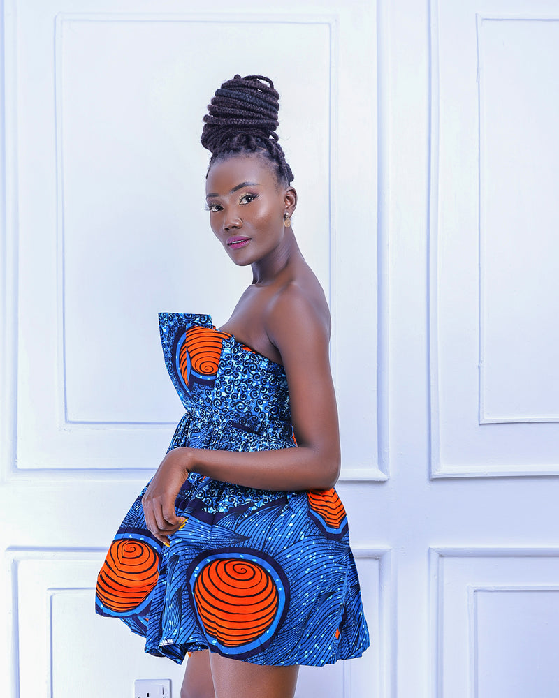 Jozani Women's African Print Mini Dress (Blue-Orange Print)