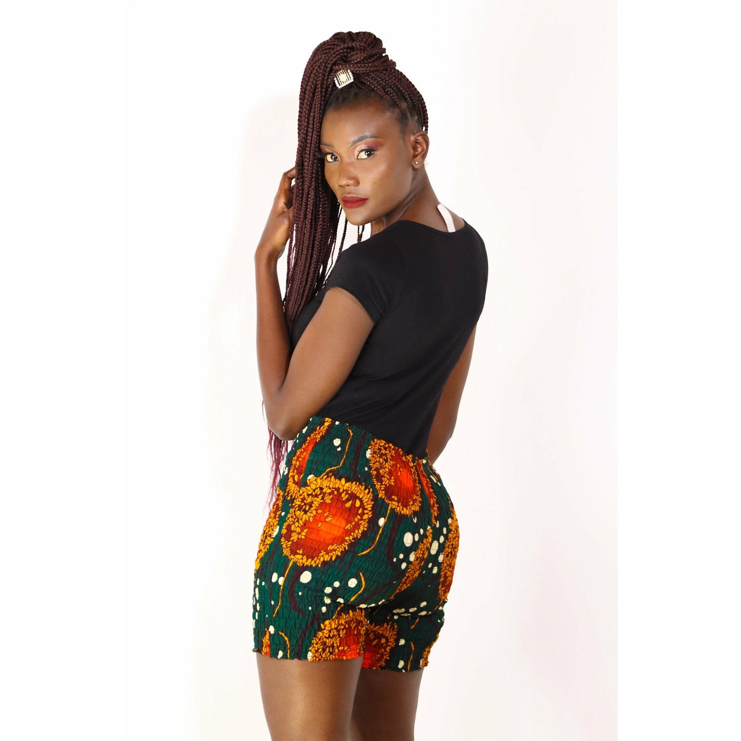 Asir African print Stretchy  Shorts (Green and orange)