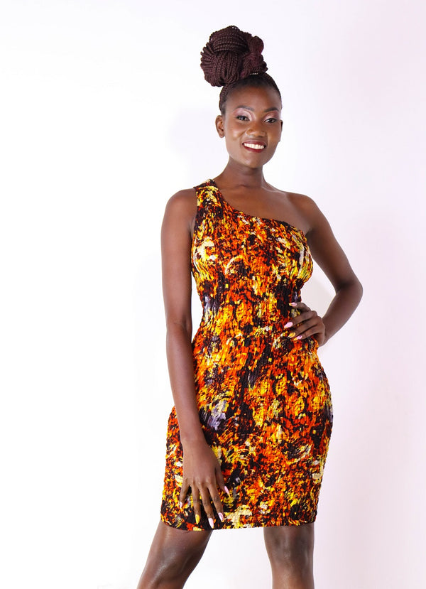 Marashi Women's African Print One-shoulder Dress (Orange)