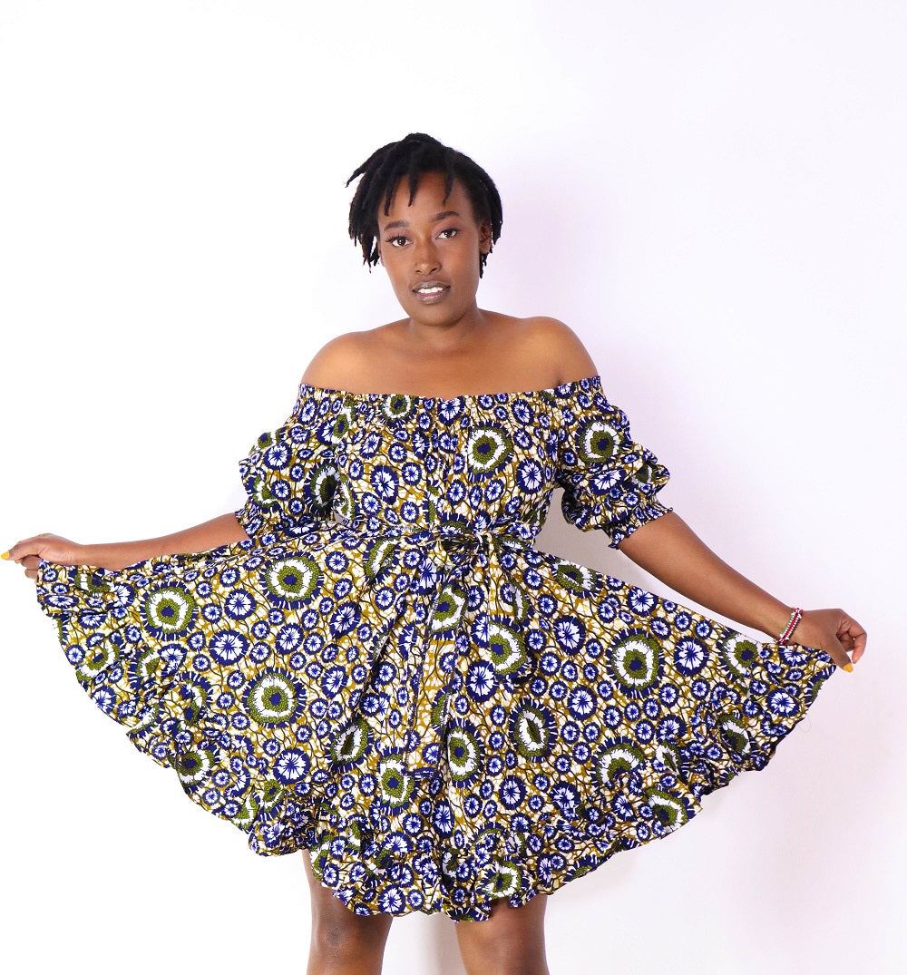 Nigist Women's African Print off shoulder Free Flowing Dress (Blue) M Nigist Women's African Print off shoulder Free Flowing Dress (Blue) M