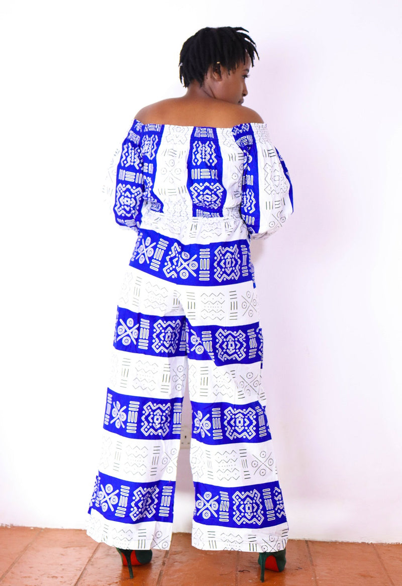 Ayaba Off shoulder African Print Jumpsuit (White and Blue)
