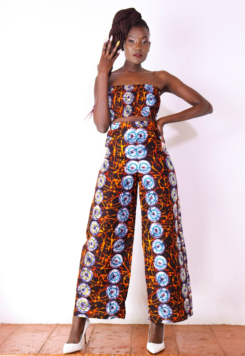 Feye Women's African Print Crop Top and Matching Wide-leg Pant Set (Brown and blue)