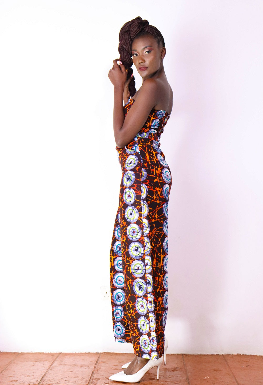 Feye Women's African Print Crop Top and Matching Wide-leg Pant Set (Brown and blue)
