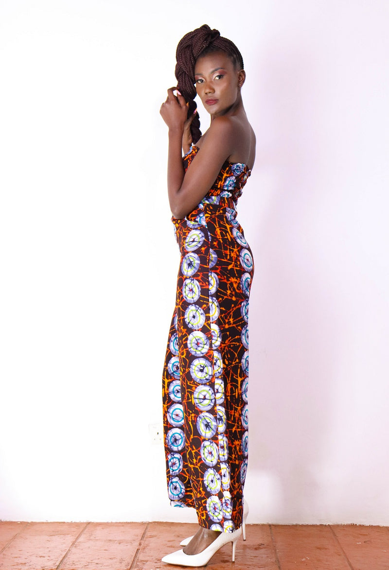 Feye Women's African Print Crop Top and Matching Wide-leg Pant Set (Brown and blue)