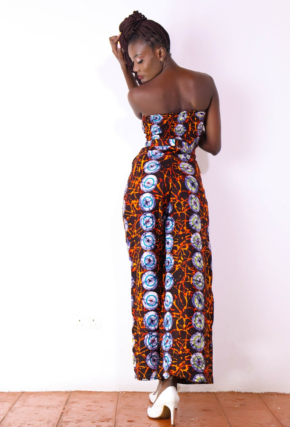 Feye Women's African Print Crop Top and Matching Wide-leg Pant Set (Brown and blue)