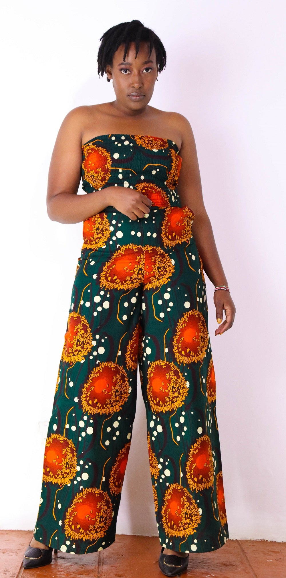 Feye Women's African Print Crop Top and Matching Wide-leg Pant Set (Green)