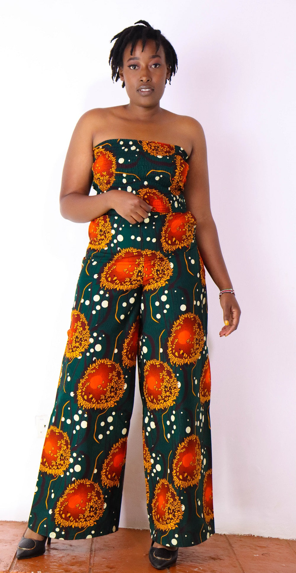Feye Women's African Print Crop Top and Matching Wide-leg Pant Set (Green)