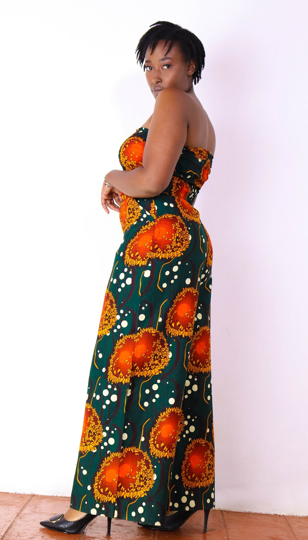 Feye Women's African Print Crop Top and Matching Wide-leg Pant Set (Green)