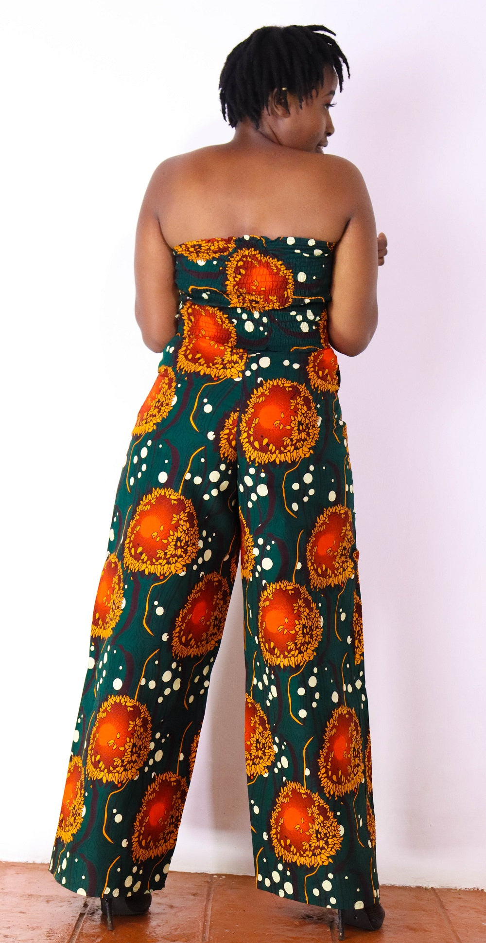 Feye Women's African Print Crop Top and Matching Wide-leg Pant Set (Green)