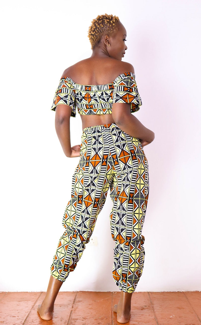 Feruzi Women's African Print Crop Top and Matching Pant sets (Green)