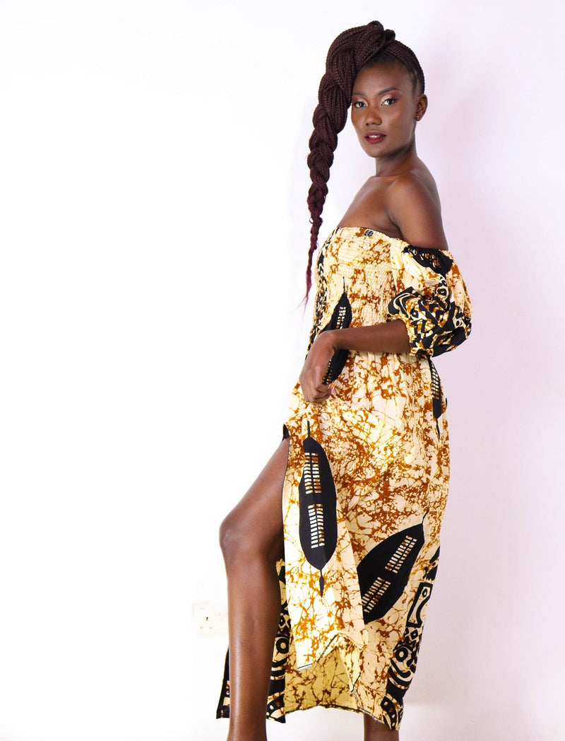 Jaali Women's African Print Off-Shoulder Maxi Dress (Beige)