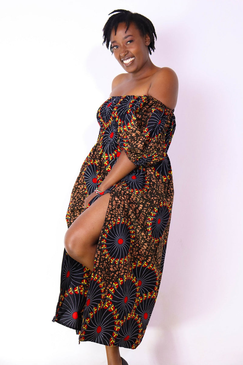 Jaali Women's African Print Off-Shoulder Maxi Dress (Brown)