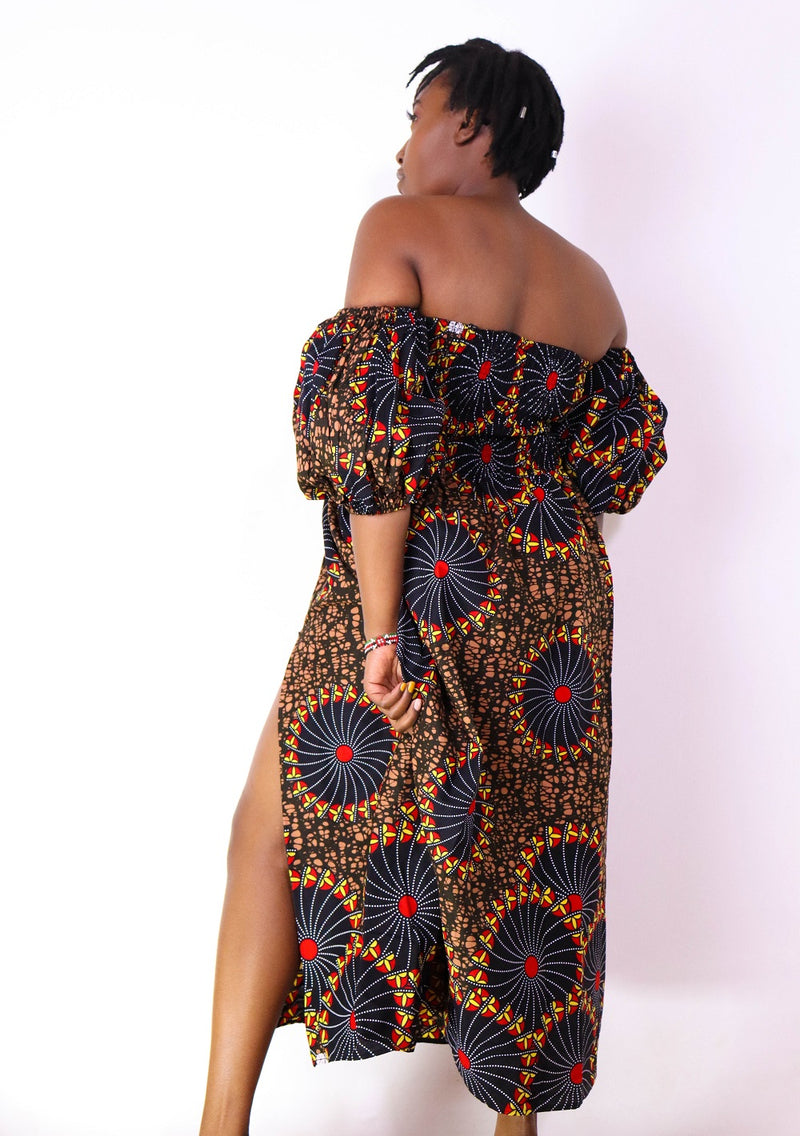 Jaali Women's African Print Off-Shoulder Maxi Dress (Brown)