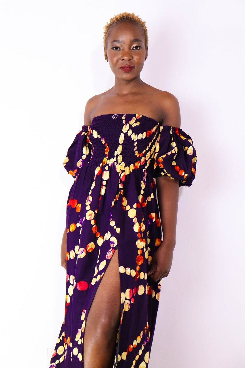 Jaali Women's African Print Off-Shoulder Maxi Dress (Purple)