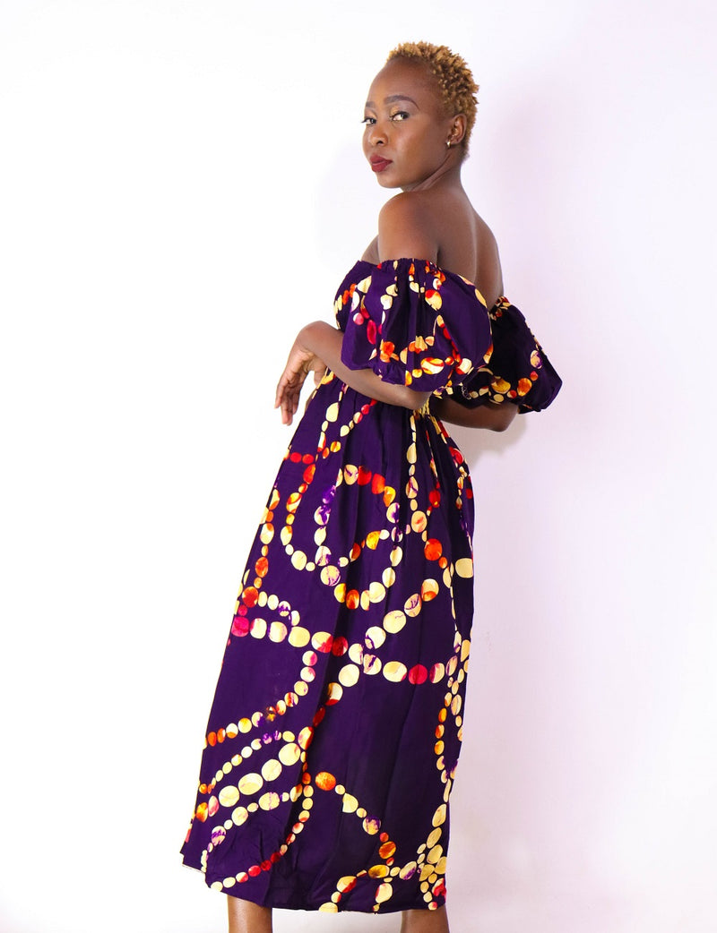 Jaali Women's African Print Off-Shoulder Maxi Dress (Purple)
