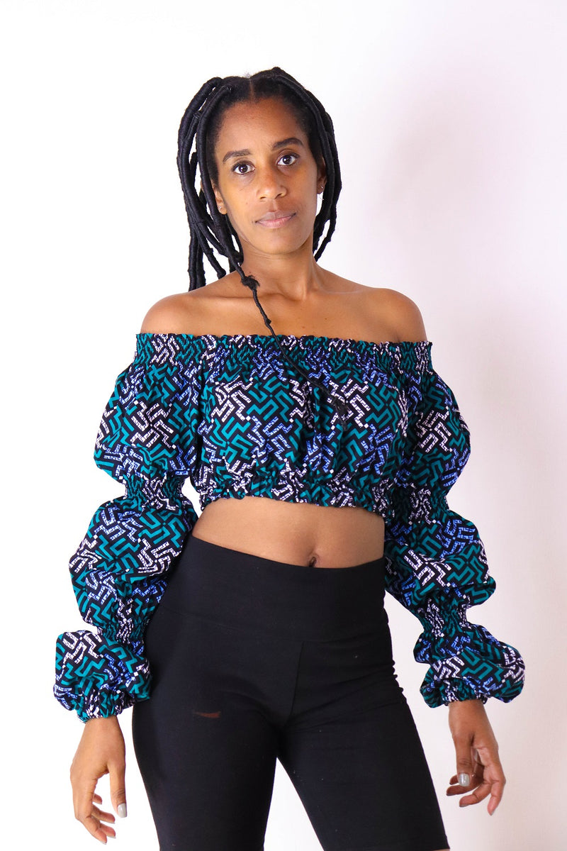 Shiro Women's African Print Off Shoulder Crop Top (Blue)