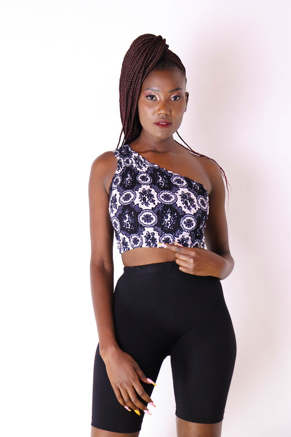 Nzela Women's African Print One Shoulder Top (black &white)