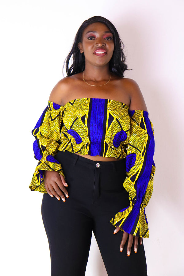 Sahihi Women's African Print Off Shoulder Crop Top (Yellow/Blue)