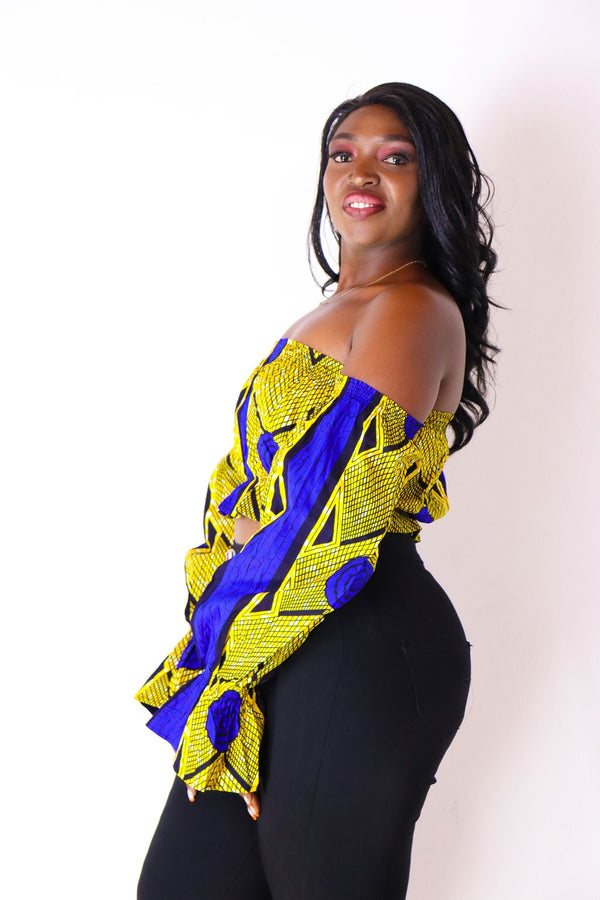 Sahihi Women's African Print Off Shoulder Crop Top (Yellow/Blue)