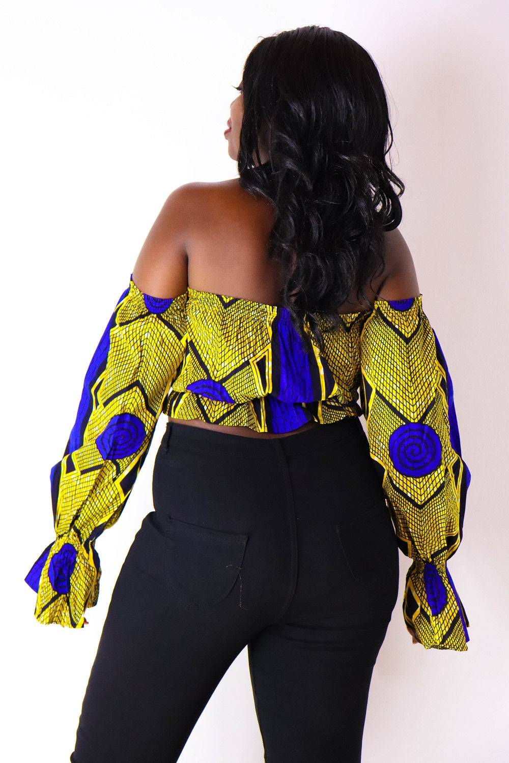 Sahihi Women's African Print Off Shoulder Crop Top (Yellow/Blue)