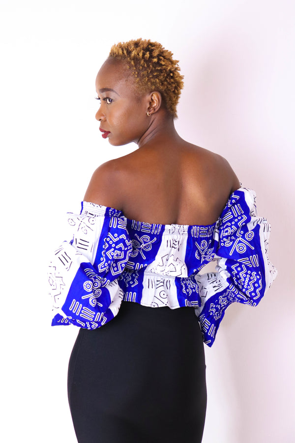 Sahihi Women's African Print Off Shoulder Crop Top (Blue/White)