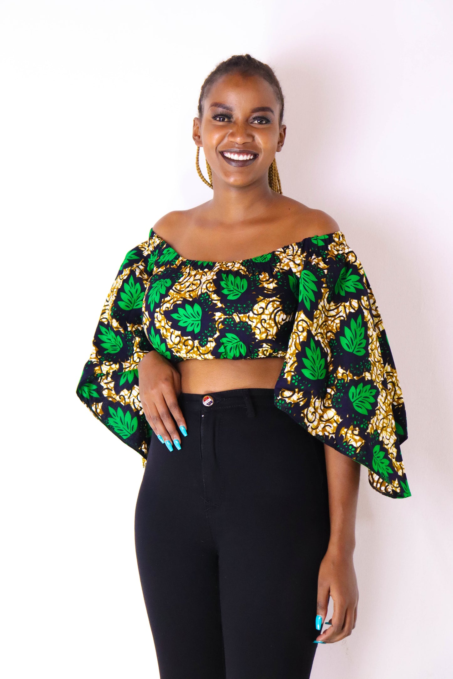 Ayanna Women's African Print Off-shoulder Crop Top - Green/brown
