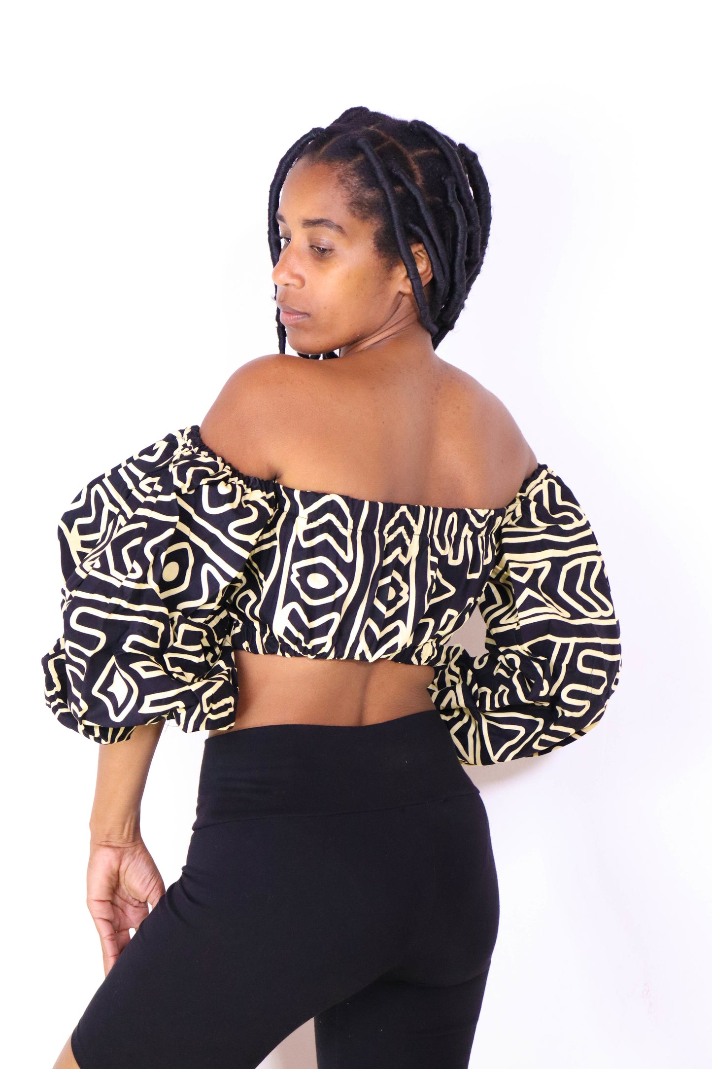 Shiro Women's African Print Off Shoulder Crop Top (Beige/Black)