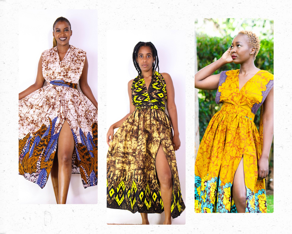 Three beautiful black women donning colourful African print maxi dresses from Kayammah's Infinity Collection