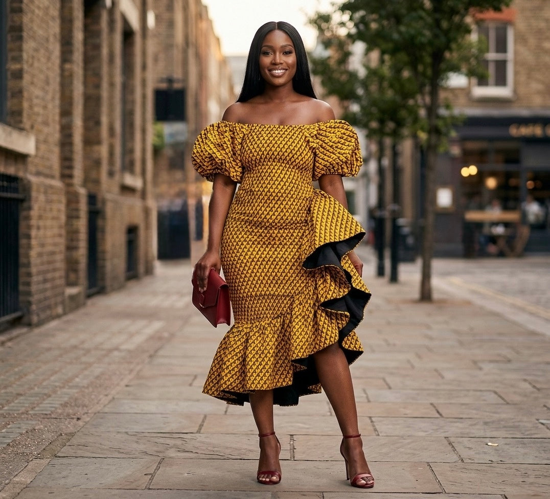 Seti Women's African Print Off-Shoulder Side Ruffle Dress  - Yellow