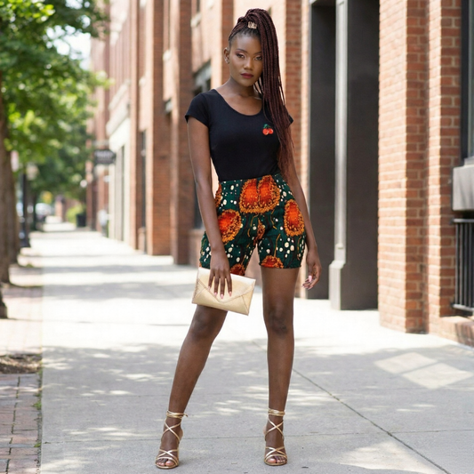 Asir Women's African Print Stretchy Shorts (Green)