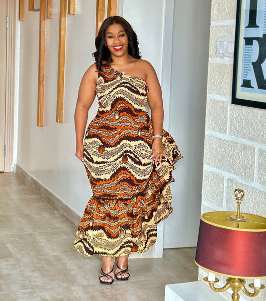 Cess Women's African Print One-Shoulder Ruffle Dress - Brown