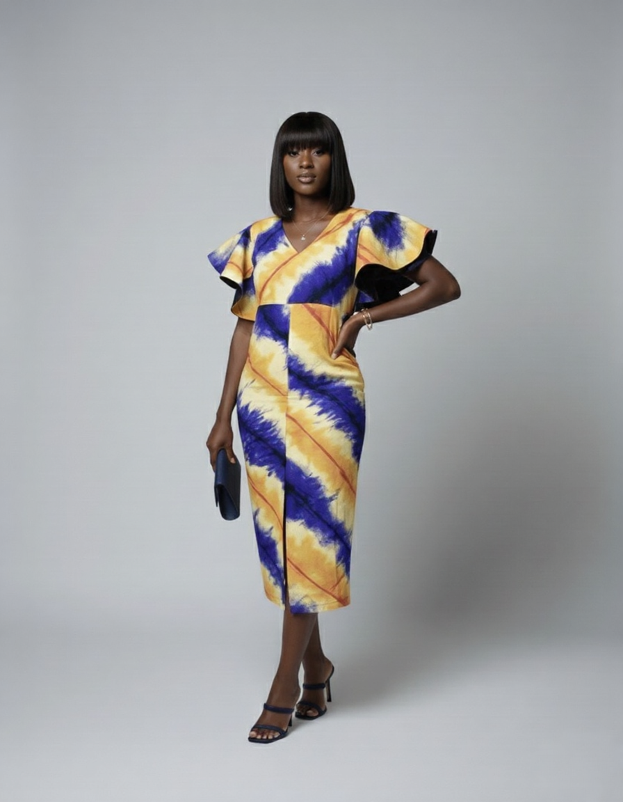 Nala Ankara Midi Dress - Yellow and Blue