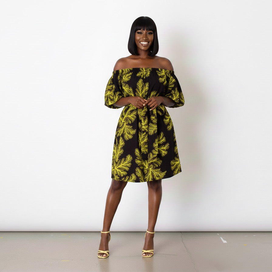 Nigist Women's African Print off shoulder Free Flowing Dress (Yellow)