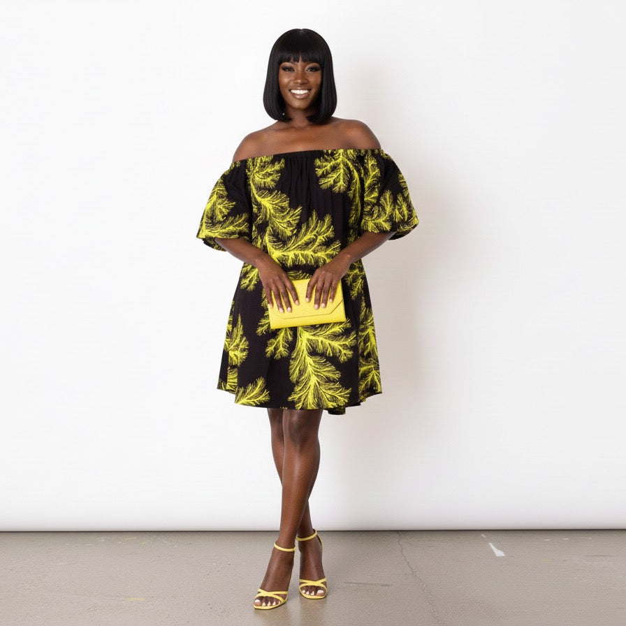Nigist Women's African Print off shoulder Free Flowing Dress (Yellow)