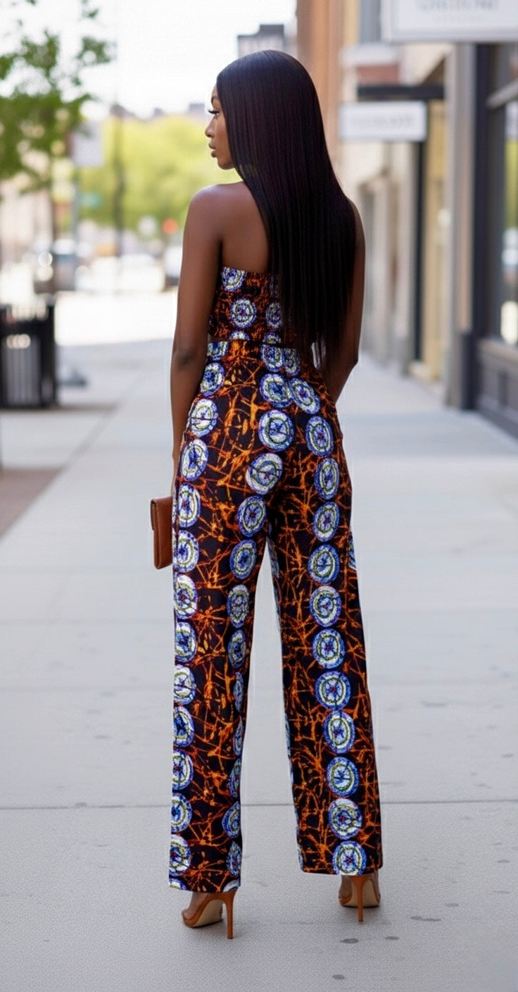 Feye Women's African Print Crop Top and Matching Wide-leg Pant Set (Brown and blue)