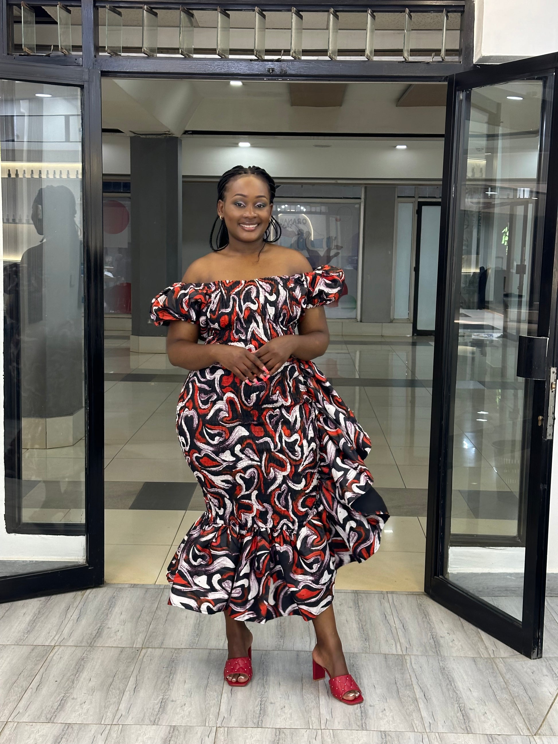 Seti Women's African Print Off-Shoulder Side Ruffle Dress