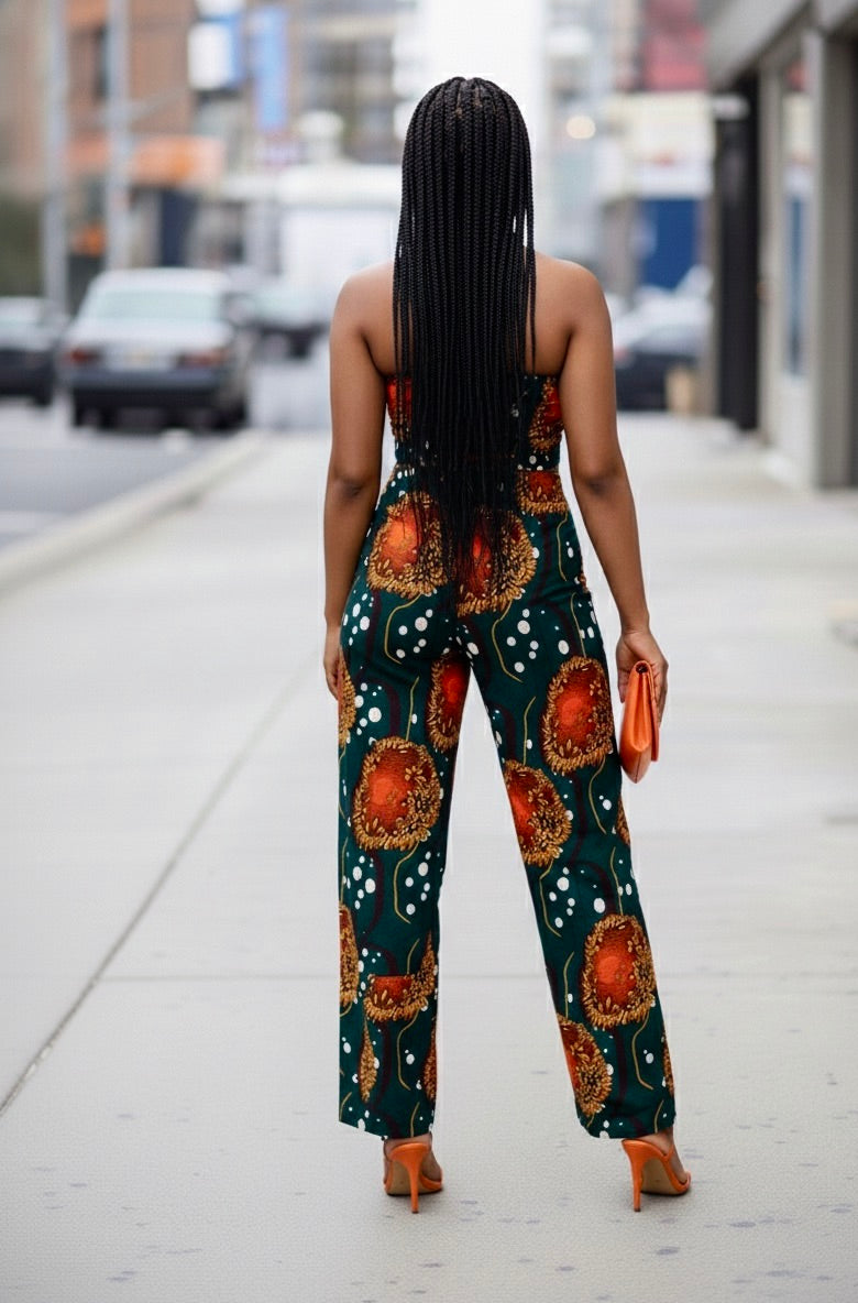 Feye Women's African Print Crop Top and Matching Wide-leg Pant Set  (Green)